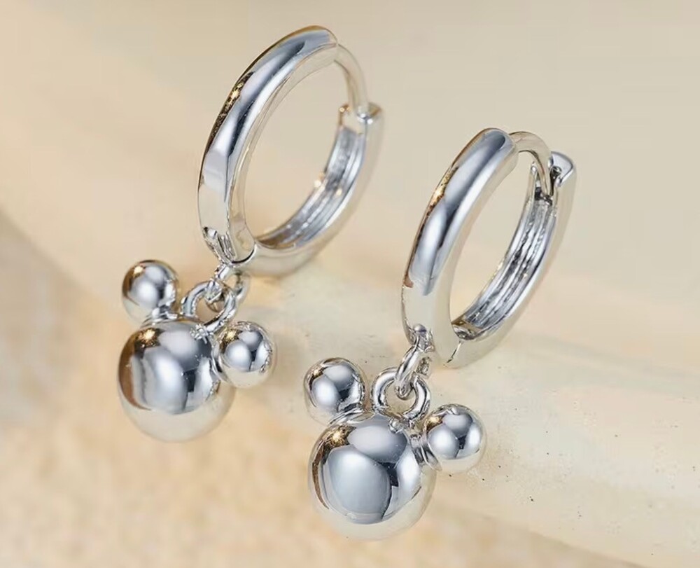 Mickey Mouse Silver Tone Huggie Hoop Earrings with Dangling Charm New